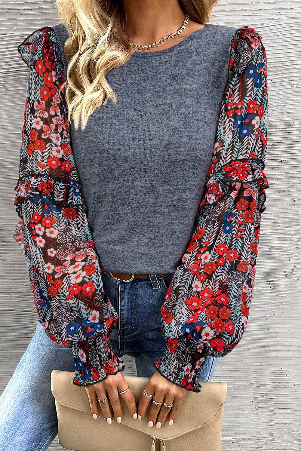 Women's Blue Ruffle Tiered Floral Sleeve Crew Neck Blouse - Detail View 6 Women's Blue Ruffle Tiered Floral Sleeve Crew Neck Blouse - Detail View 6