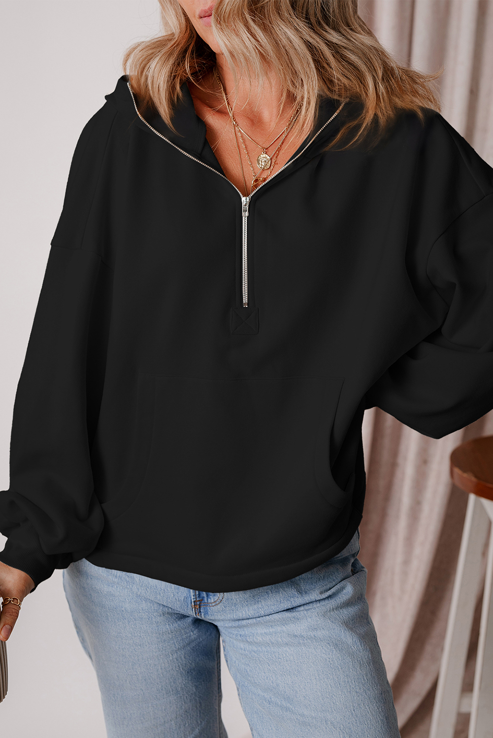 Cozy Black Hoodie with Fleece Lining and Half Zipper for Easy Style - Detail View 2 Cozy Black Hoodie with Fleece Lining and Half Zipper for Easy Style - Detail View 2