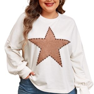 Women's Plus Size Beige Star Shape Studded Crew Neck Long Sleeve T-Shirt - Main View