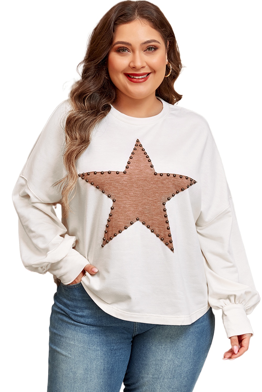 Women's Plus Size Beige Star Shape Studded Crew Neck Long Sleeve T-Shirt - Main View Women's Plus Size Beige Star Shape Studded Crew Neck Long Sleeve T-Shirt - Main View