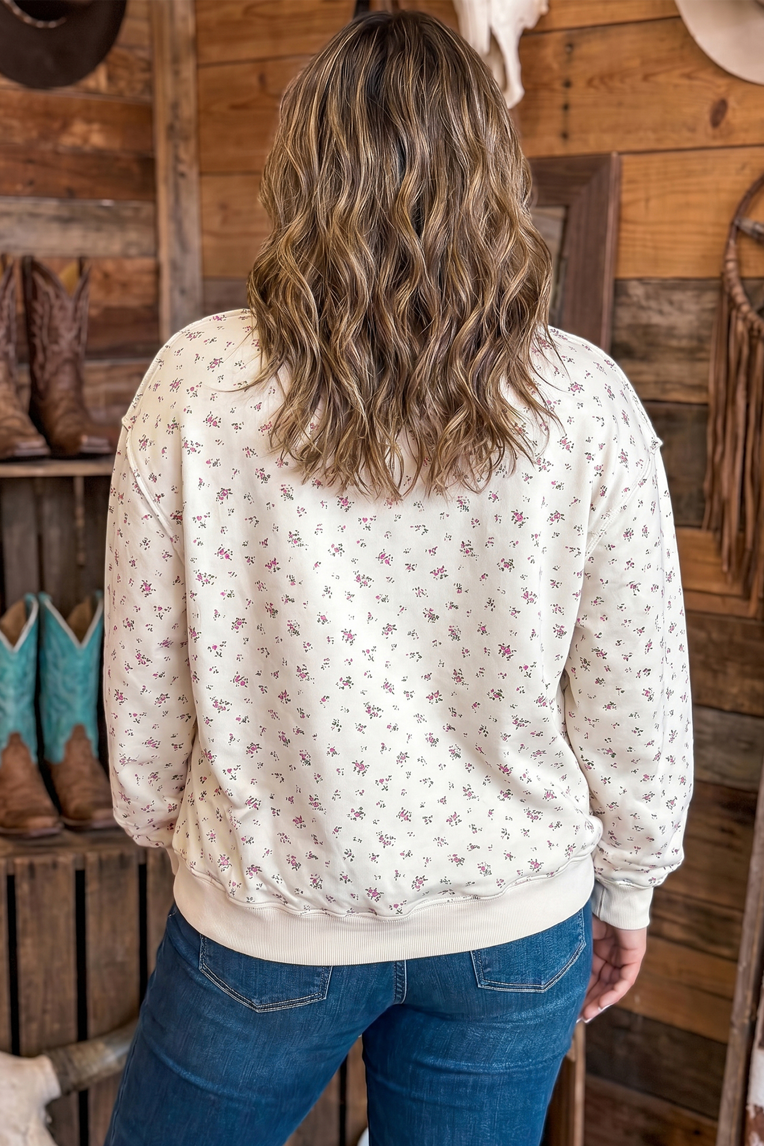 Women's Texas Letter Print Pullover, Floral Autumn Top - Detail View 2 Women's Texas Letter Print Pullover, Floral Autumn Top - Detail View 2