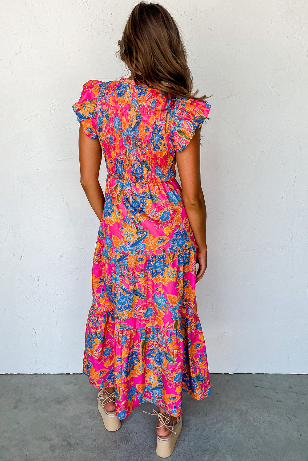 Boho Floral Summer Dress, Rose Red Ruffle Tiered Maxi Fit - Detail View 2 Boho Floral Summer Dress, Rose Red Ruffle Tiered Maxi Fit - Detail View 2