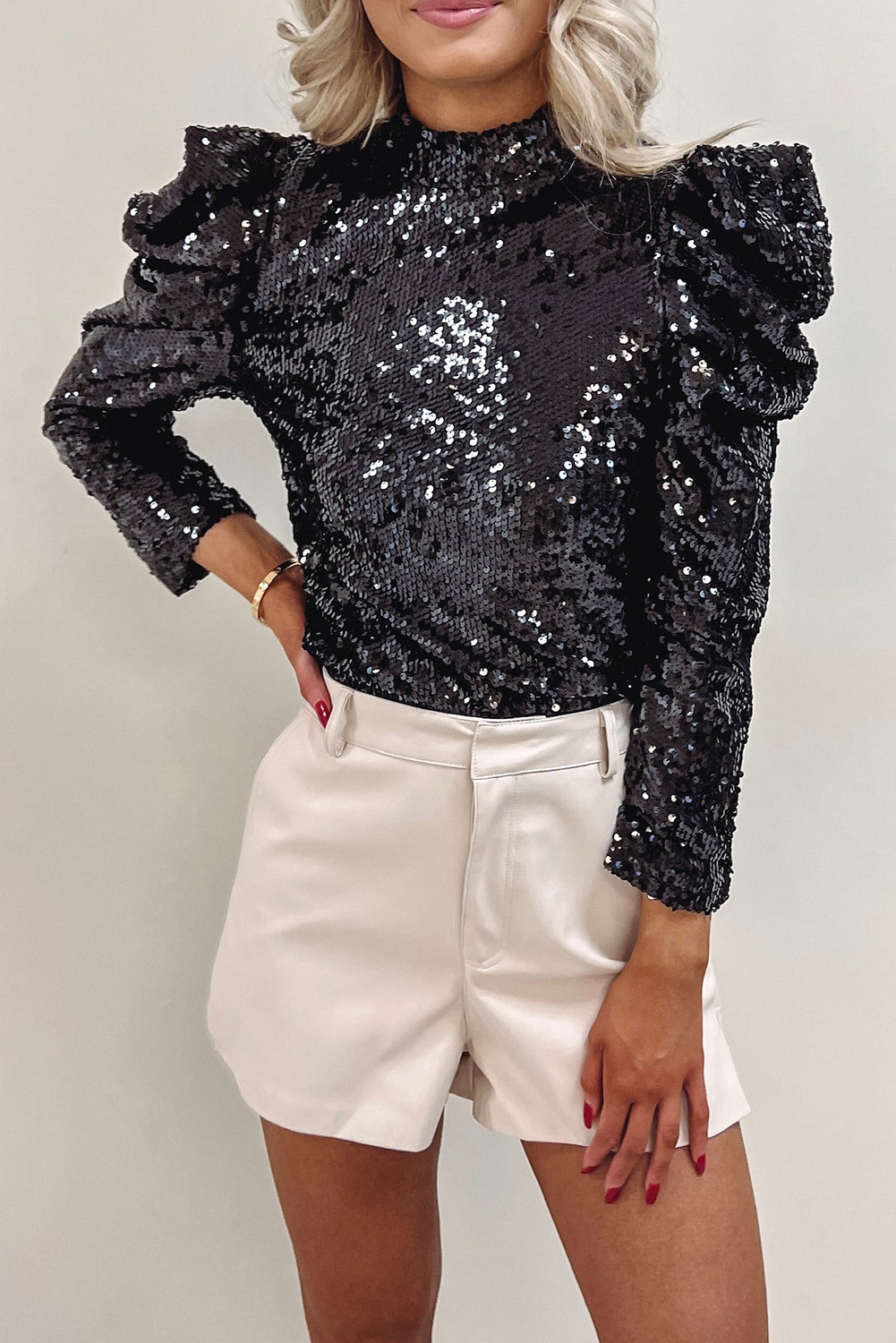 Glamorous Sequin Long Sleeve Top, Mock Neck Holiday Blouse - Detail View 3 Glamorous Sequin Long Sleeve Top, Mock Neck Holiday Blouse - Detail View 3