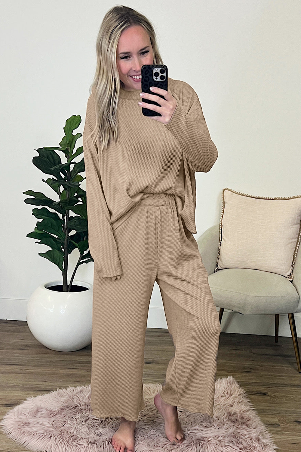 Women's Textured Loungewear Set, Casual Long Sleeve Pullover - Detail View 7 Women's Textured Loungewear Set, Casual Long Sleeve Pullover - Detail View 7