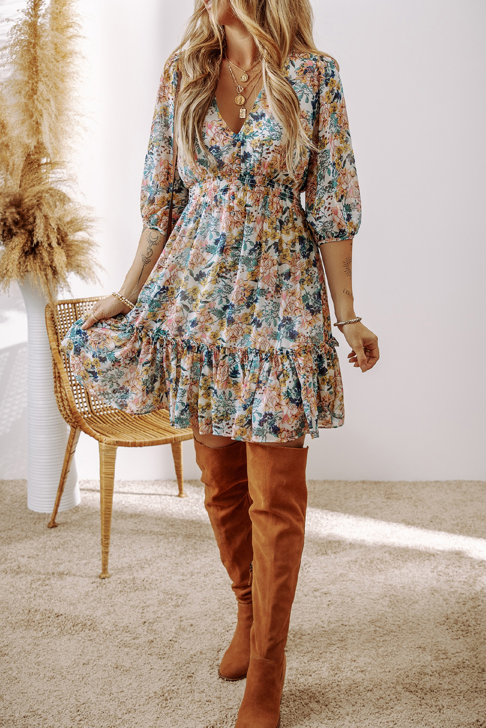 Make a statement with this breathtaking Sky Blue Floral 3/4 Sleeve V Neck High Waist Ruffled Dress. The V neck design flatters your neckline, while the floral print adds a touch of elegance and whimsy. The 3/4 sleeves provide a stylish and comfortable fit, and the high waist silhouette accentuates your curves. The ruffled details add a playful touch to the dress, making it perfect for daily and casual wear. This floral dress is a must-have for your wardrobe, offering a unique blend of fashion and comfort. - Detail View 4 Make a statement with this breathtaking Sky Blue Floral 3/4 Sleeve V Neck High Waist Ruffled Dress. The V neck design flatters your neckline, while the floral print adds a touch of elegance and whimsy. The 3/4 sleeves provide a stylish and comfortable fit, and the high waist silhouette accentuates your curves. The ruffled details add a playful touch to the dress, making it perfect for daily and casual wear. This floral dress is a must-have for your wardrobe, offering a unique blend of fashion and comfort. - Detail View 4