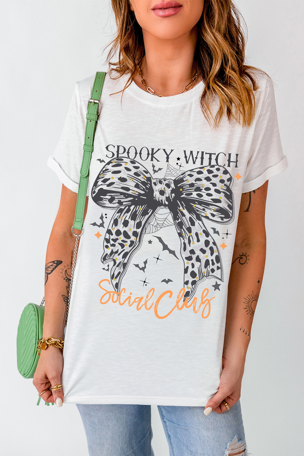 Festive Halloween Tee: Bat Graphic and Playful Leopard Bowknot Print - Detail View 7 Festive Halloween Tee: Bat Graphic and Playful Leopard Bowknot Print - Detail View 7