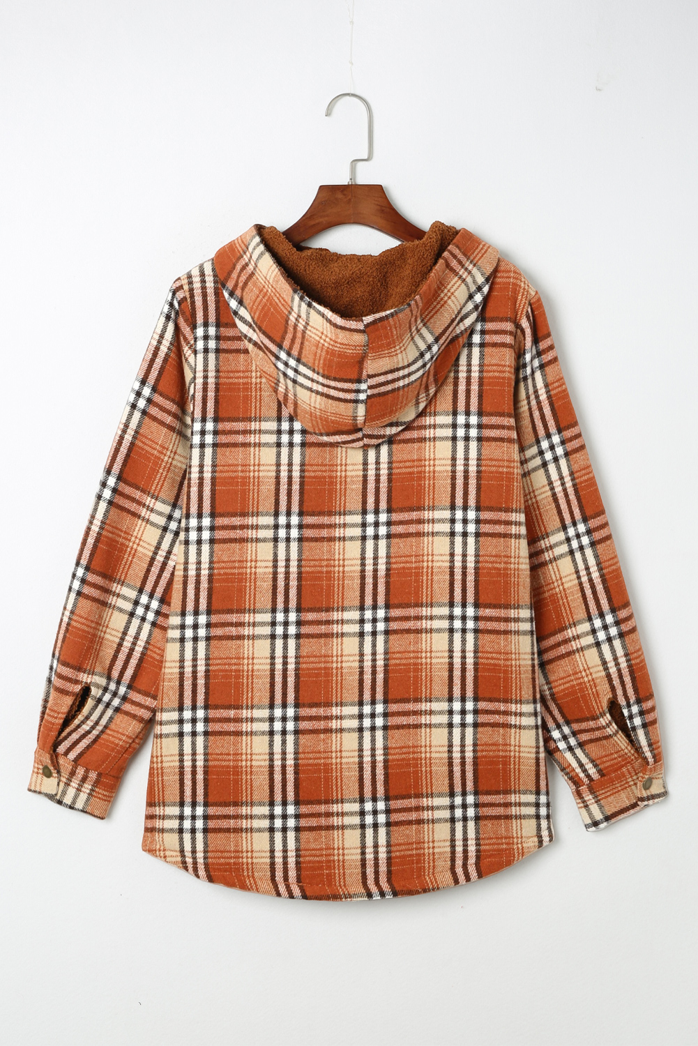 Women's Orange Plaid Shacket, Sherpa Lined Hooded Jacket - Detail View 7 Women's Orange Plaid Shacket, Sherpa Lined Hooded Jacket - Detail View 7