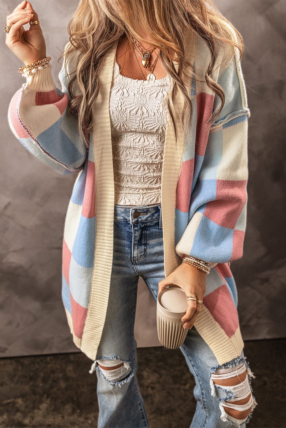 Cozy and Versatile Open Front Cardigan - Light Blue Checkered Pattern with Relaxed Fit - Detail View 3 Cozy and Versatile Open Front Cardigan - Light Blue Checkered Pattern with Relaxed Fit - Detail View 3
