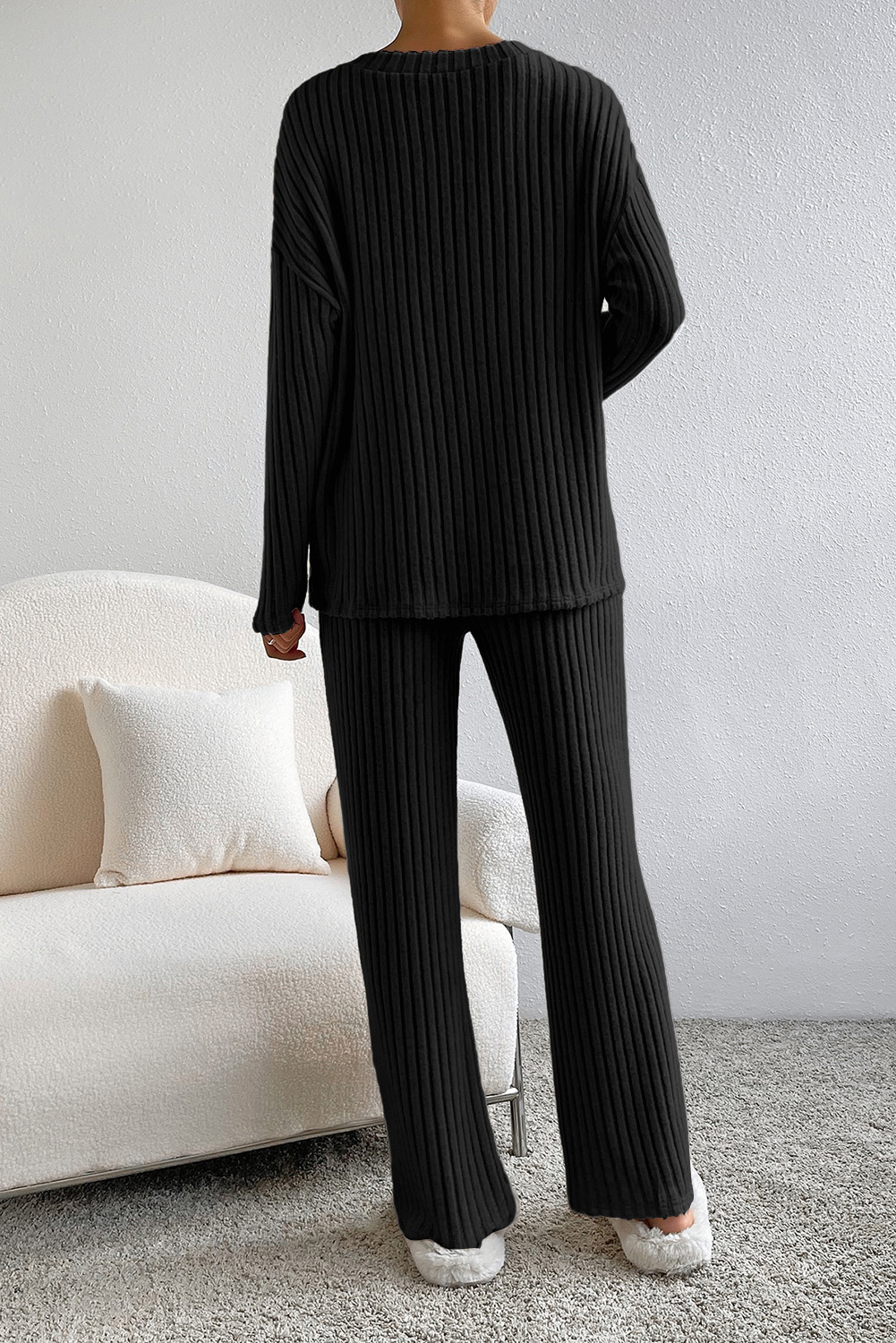 Casual Ribbed Knit Lounge Set, V Neck Top And Wide Leg Pants - Detail View 3 Casual Ribbed Knit Lounge Set, V Neck Top And Wide Leg Pants - Detail View 3