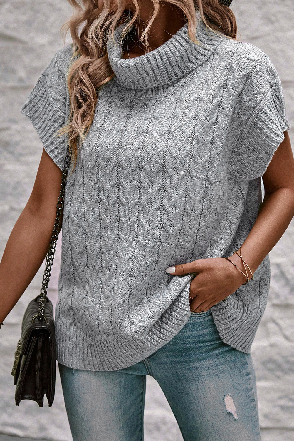 Women's Cable Knit Sweater, Grey Short Sleeve Turtleneck Top - Detail View 4 Women's Cable Knit Sweater, Grey Short Sleeve Turtleneck Top - Detail View 4
