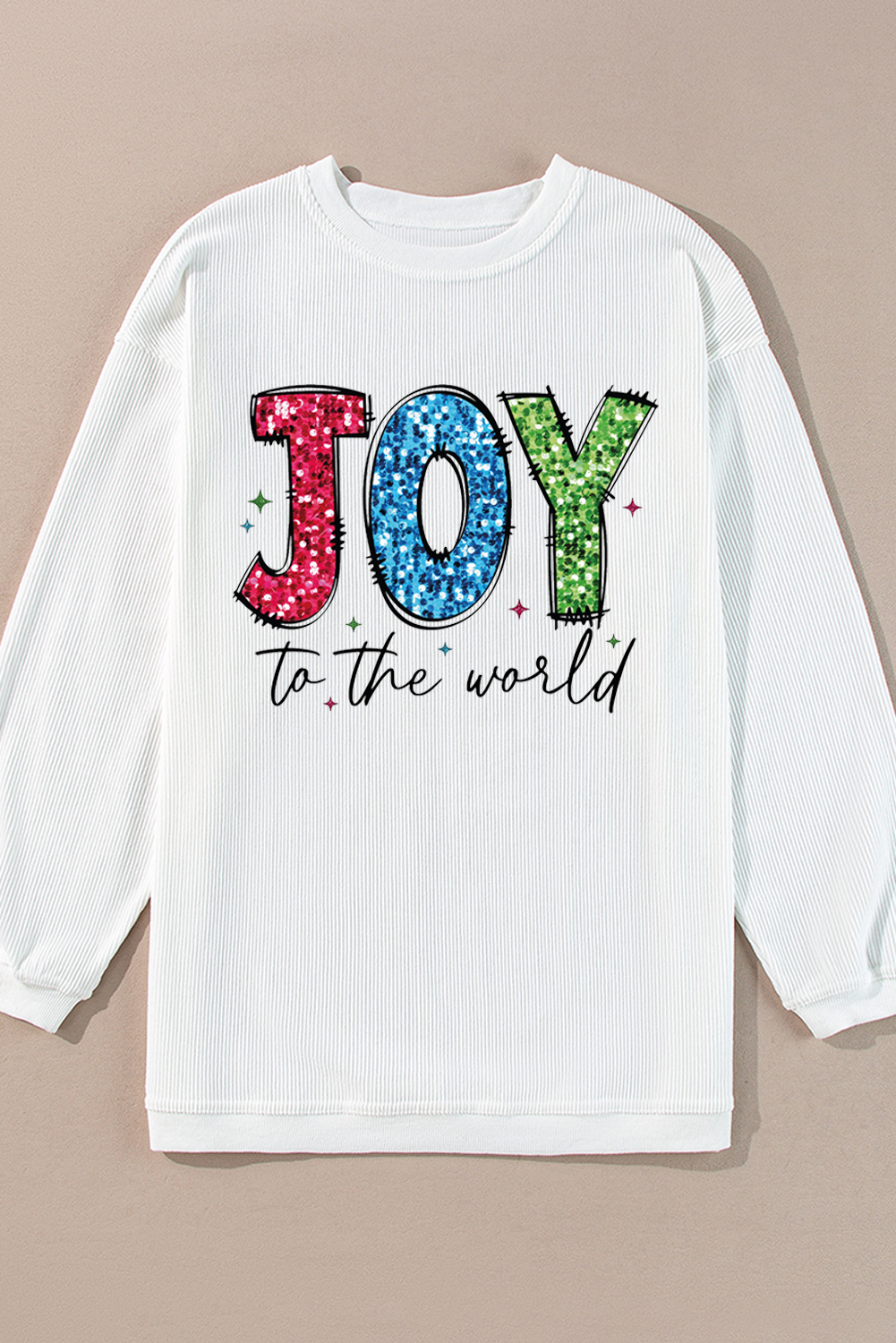 Casual Christmas Graphic Sweatshirt with Trendy Corded Texture - 'JOY to the World' - Detail View 2 Casual Christmas Graphic Sweatshirt with Trendy Corded Texture - 'JOY to the World' - Detail View 2