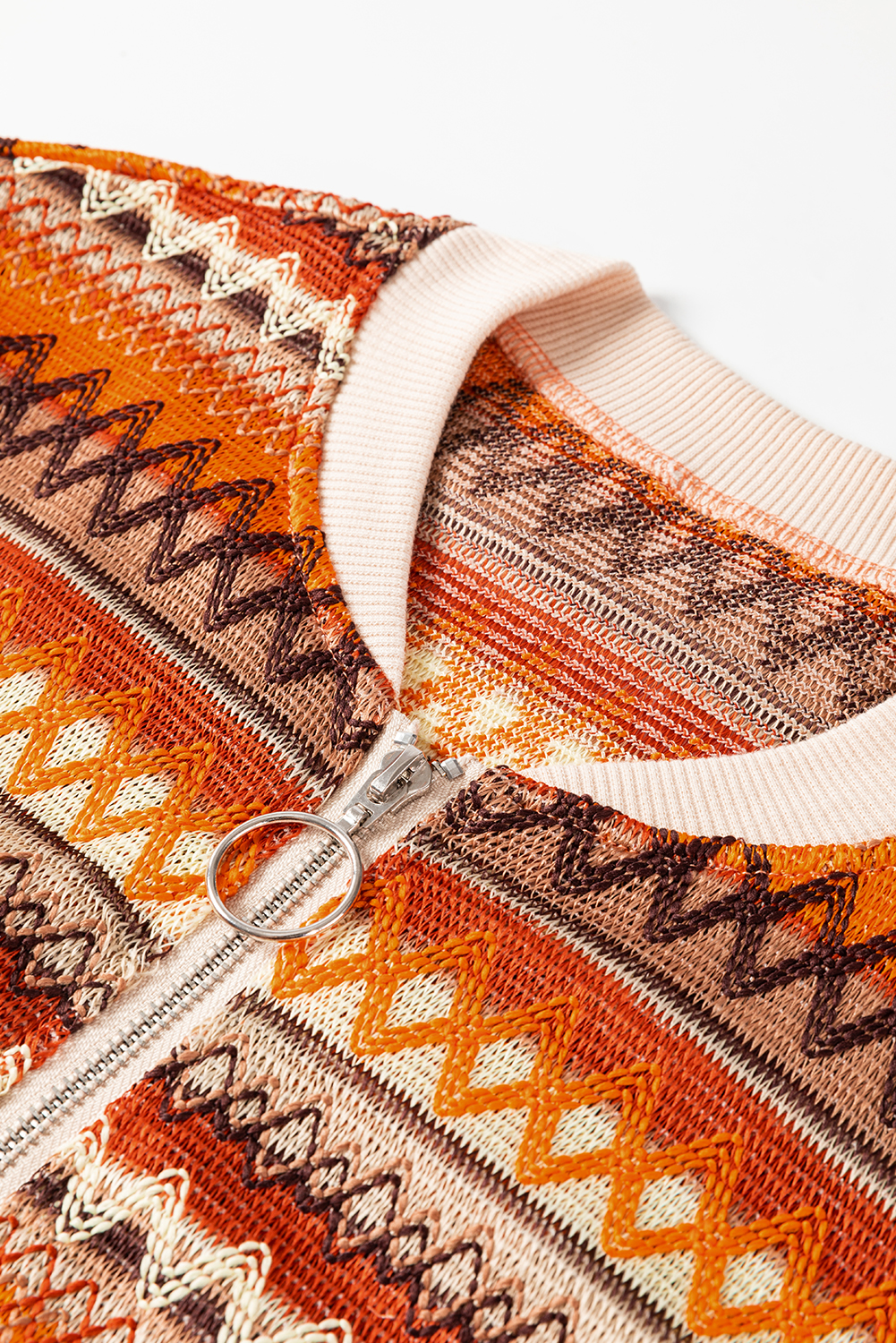 Women's Orange Boho Striped Zip Up Long Sleeve Jacket - Stylish and Versatile Outerwear - Detail View 9 Women's Orange Boho Striped Zip Up Long Sleeve Jacket - Stylish and Versatile Outerwear - Detail View 9