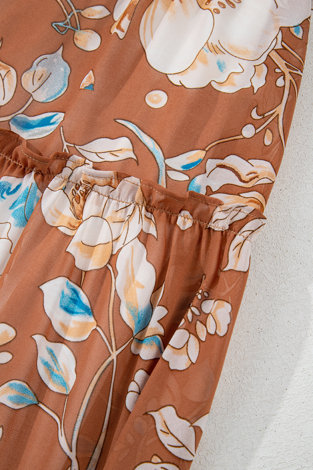 Elegant Long Sleeve Brown Floral Maxi Dress with Smocked Bodice - Detail View 10 Elegant Long Sleeve Brown Floral Maxi Dress with Smocked Bodice - Detail View 10