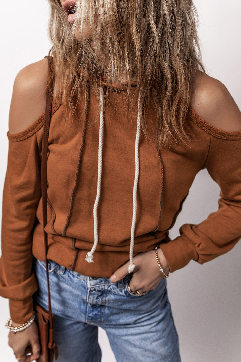 Casual Chic Hoodie with Cold Shoulder Details - Cinnamon - Detail View 2 Casual Chic Hoodie with Cold Shoulder Details - Cinnamon - Detail View 2
