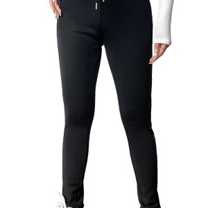 Women's Black Solid Drawstring Waist Thermal Lined Leggings - Main View