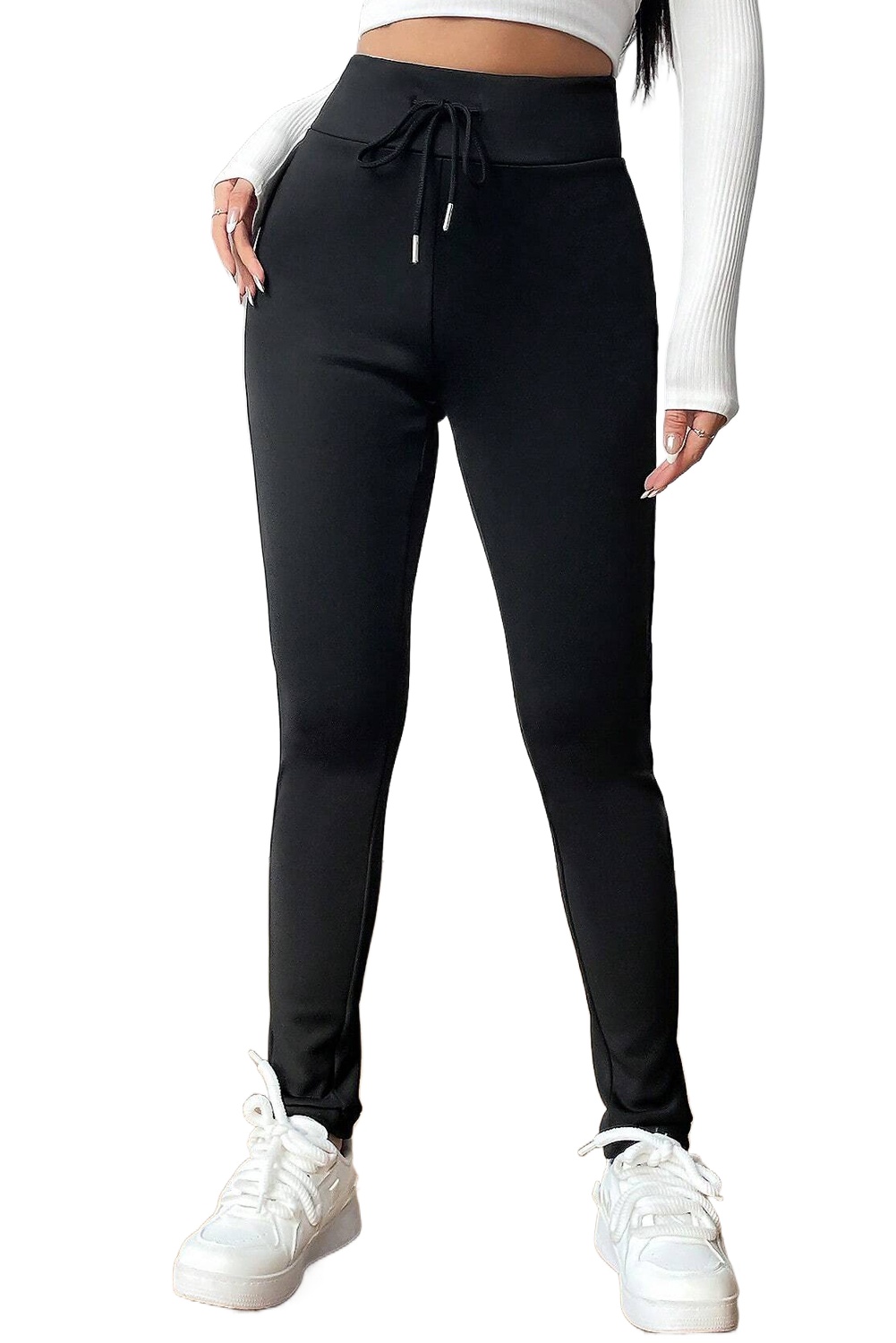Women's Black Solid Drawstring Waist Thermal Lined Leggings - Main View Women's Black Solid Drawstring Waist Thermal Lined Leggings - Main View