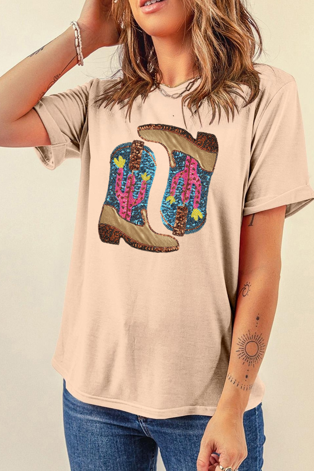 Short Sleeve Western Graphic Tee, Khaki Sequin Casual Top - Detail View 6 Short Sleeve Western Graphic Tee, Khaki Sequin Casual Top - Detail View 6