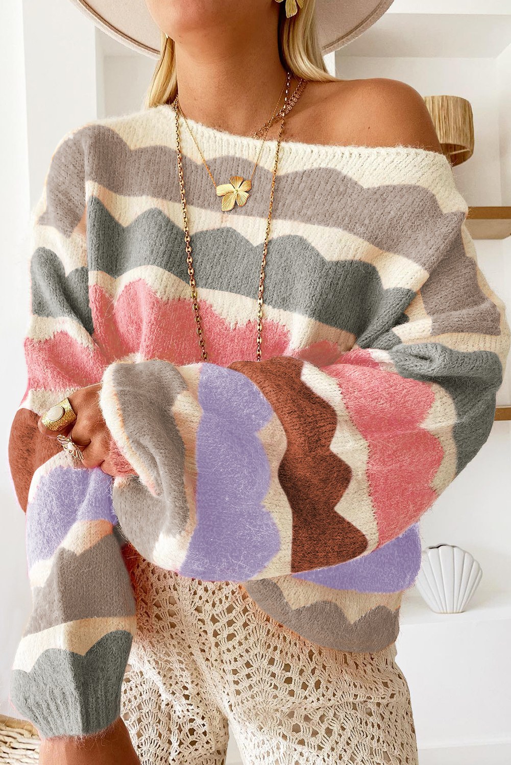 Casual Fall Sweater: Gray Wave Stripe Design with Drop Shoulder Style - Detail View 3 Casual Fall Sweater: Gray Wave Stripe Design with Drop Shoulder Style - Detail View 3