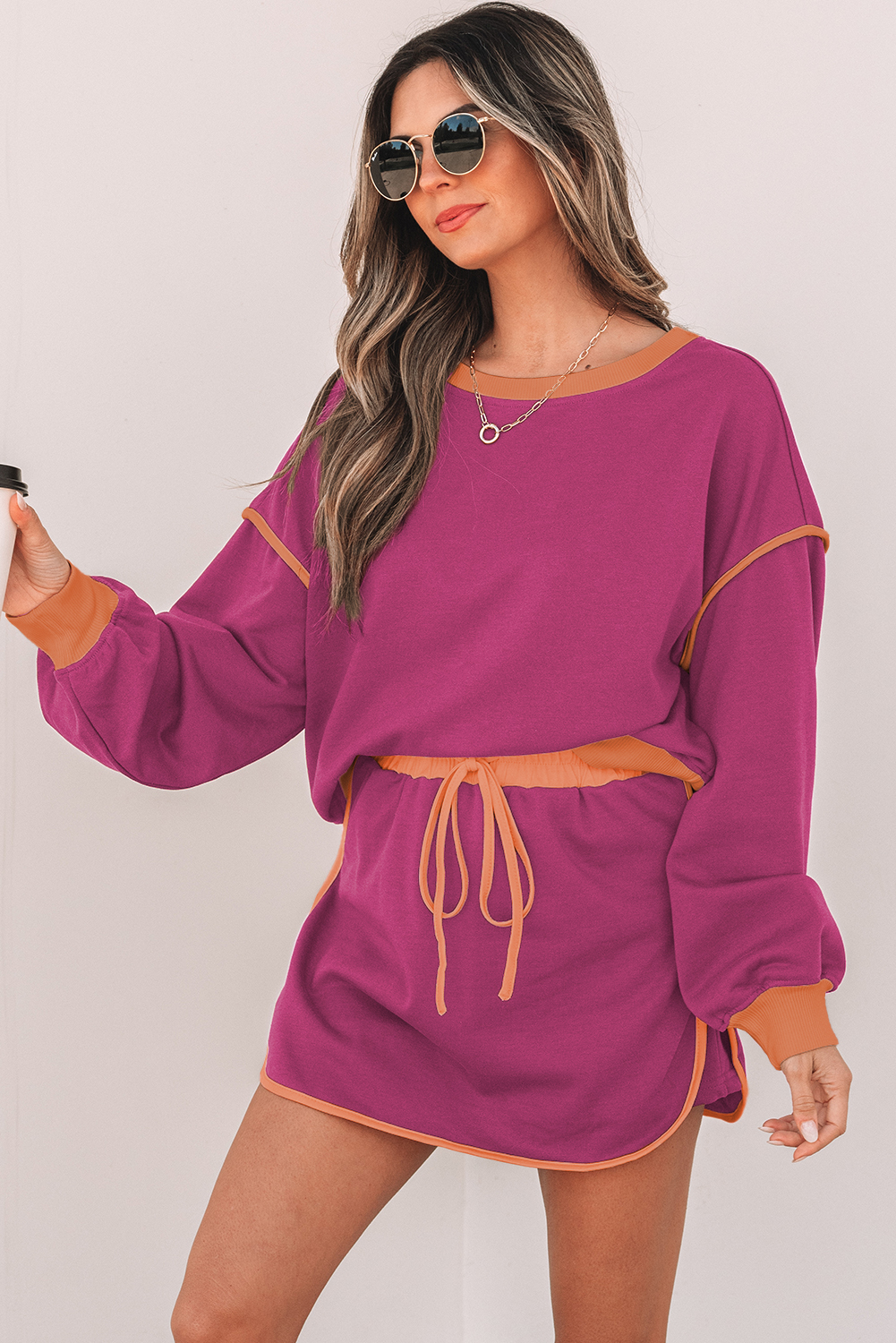 Loose Fit Cotton Blend Skort Set, Women's High Waist Outfit - Detail View 3 Loose Fit Cotton Blend Skort Set, Women's High Waist Outfit - Detail View 3