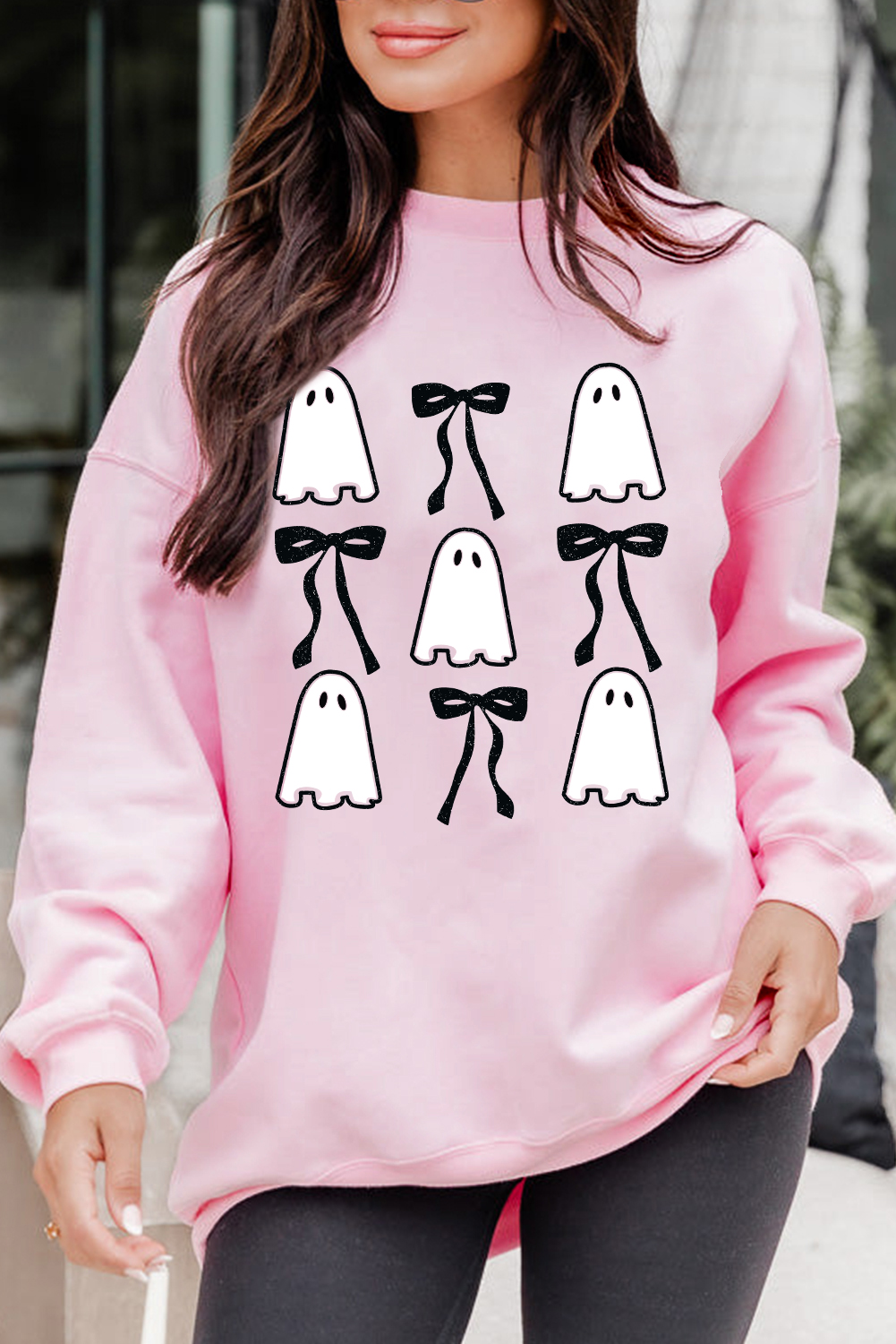 Spooky Cute Womens Long Sleeve Sweatshirt with Ghost Bowknot Pattern - Detail View 2 Spooky Cute Womens Long Sleeve Sweatshirt with Ghost Bowknot Pattern - Detail View 2