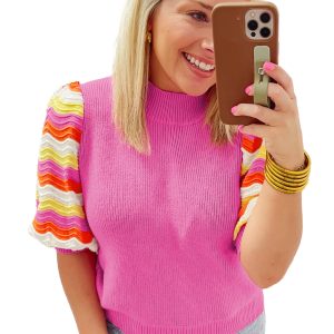 Women's Pink Ribbed Knit Contrast Sleeve Sweater Top - Main View