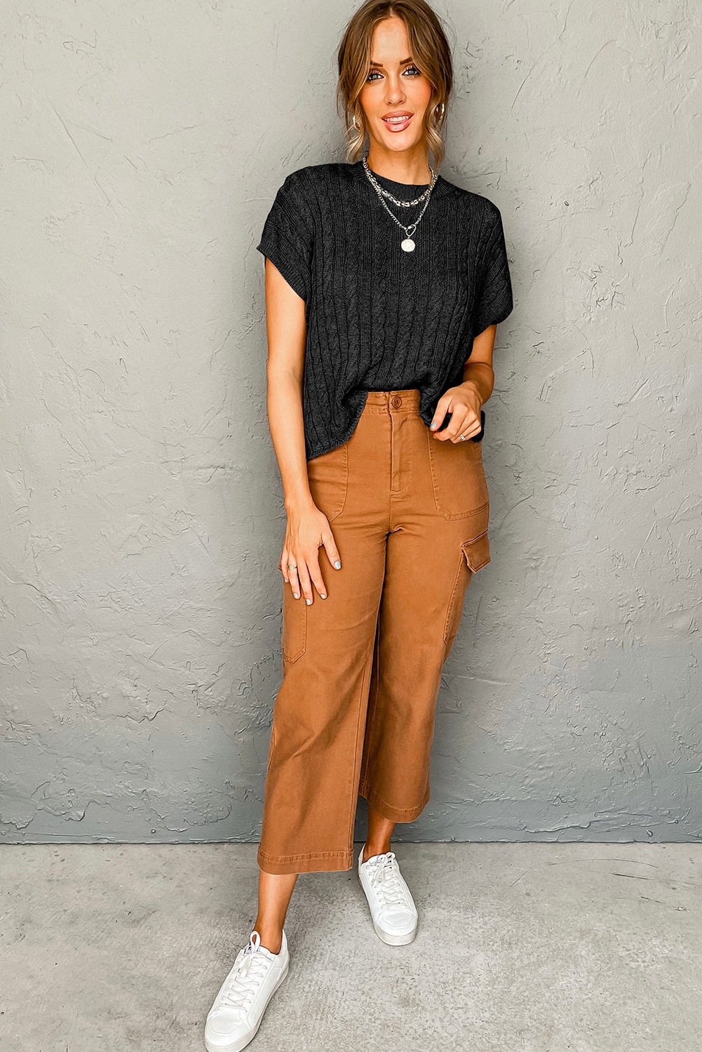 Casual Cable Knit Sweater, Women's Solid Color Crew Neck - Detail View 6 Casual Cable Knit Sweater, Women's Solid Color Crew Neck - Detail View 6