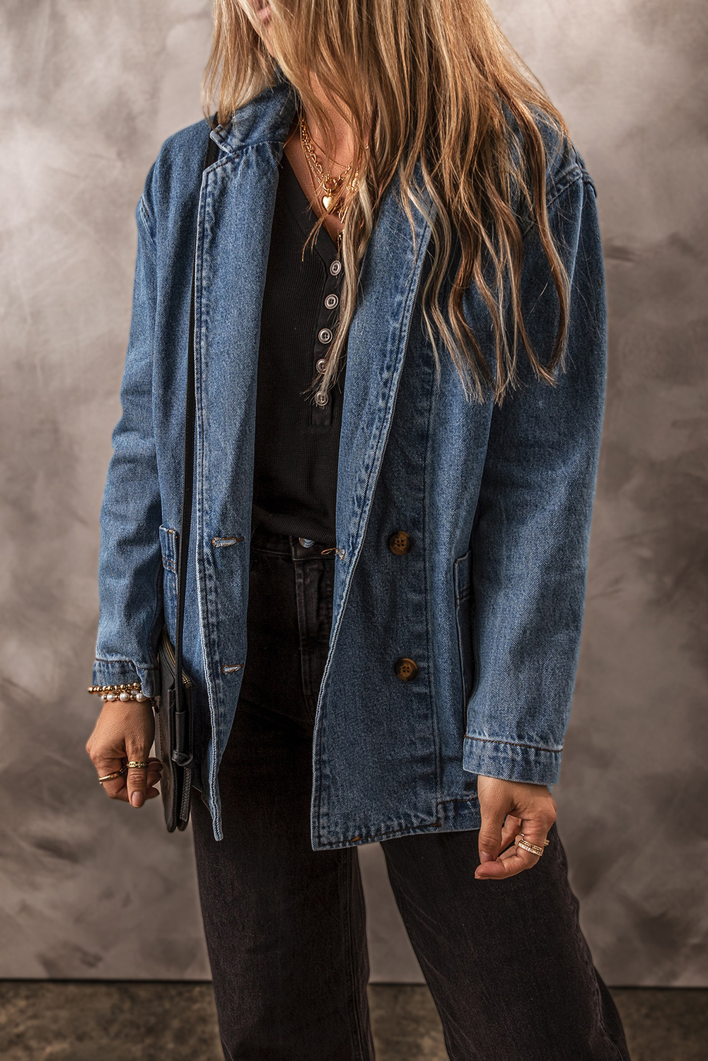 Elevate your casual looks with this Women's Chic Sail Blue Denim Jacket. The classic lapel collar adds a touch of sophistication to the jacket, making it a versatile and timeless addition to your wardrobe. The functional side pockets not only add a stylish element but also provide practicality for storing essentials. Made from durable denim fabric, this jacket ensures long-term wear and offers both comfort and style. The sail blue color adds a pop of freshness, making it perfect for the fall and autumn seasons. This solid color denim jacket is a bestseller and widely popular among ladies of all ages. Whether you're running errands or going for a casual outing, this jacket is the perfect choice for various occasions. - Detail View 4 Elevate your casual looks with this Women's Chic Sail Blue Denim Jacket. The classic lapel collar adds a touch of sophistication to the jacket, making it a versatile and timeless addition to your wardrobe. The functional side pockets not only add a stylish element but also provide practicality for storing essentials. Made from durable denim fabric, this jacket ensures long-term wear and offers both comfort and style. The sail blue color adds a pop of freshness, making it perfect for the fall and autumn seasons. This solid color denim jacket is a bestseller and widely popular among ladies of all ages. Whether you're running errands or going for a casual outing, this jacket is the perfect choice for various occasions. - Detail View 4
