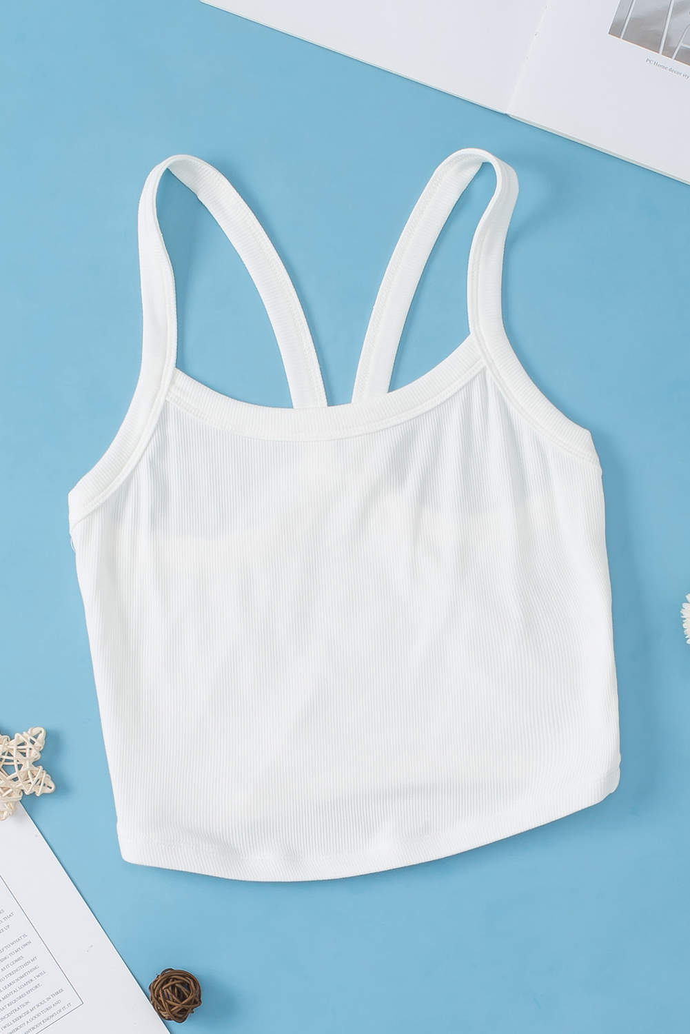 Essential Ribbed Cami Top, Solid White Sleeveless Crop - Detail View 8 Essential Ribbed Cami Top, Solid White Sleeveless Crop - Detail View 8