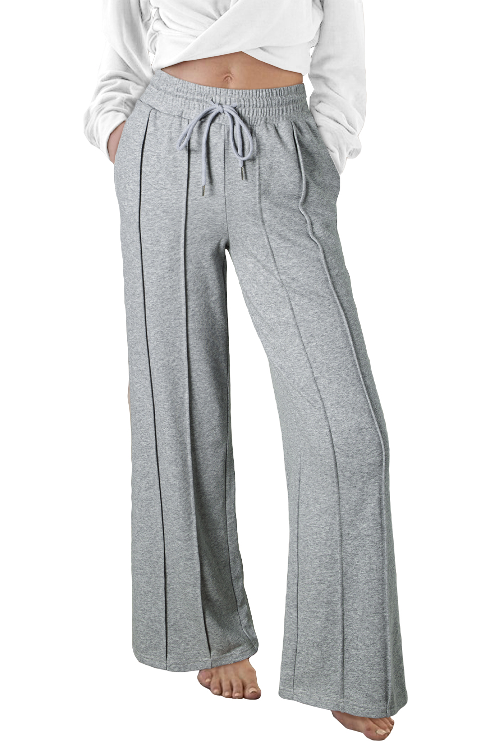 Stylish High Waist Wide Leg Sweatpants: Gray, Adjustable Drawstring - Detail View 12 Stylish High Waist Wide Leg Sweatpants: Gray, Adjustable Drawstring - Detail View 12
