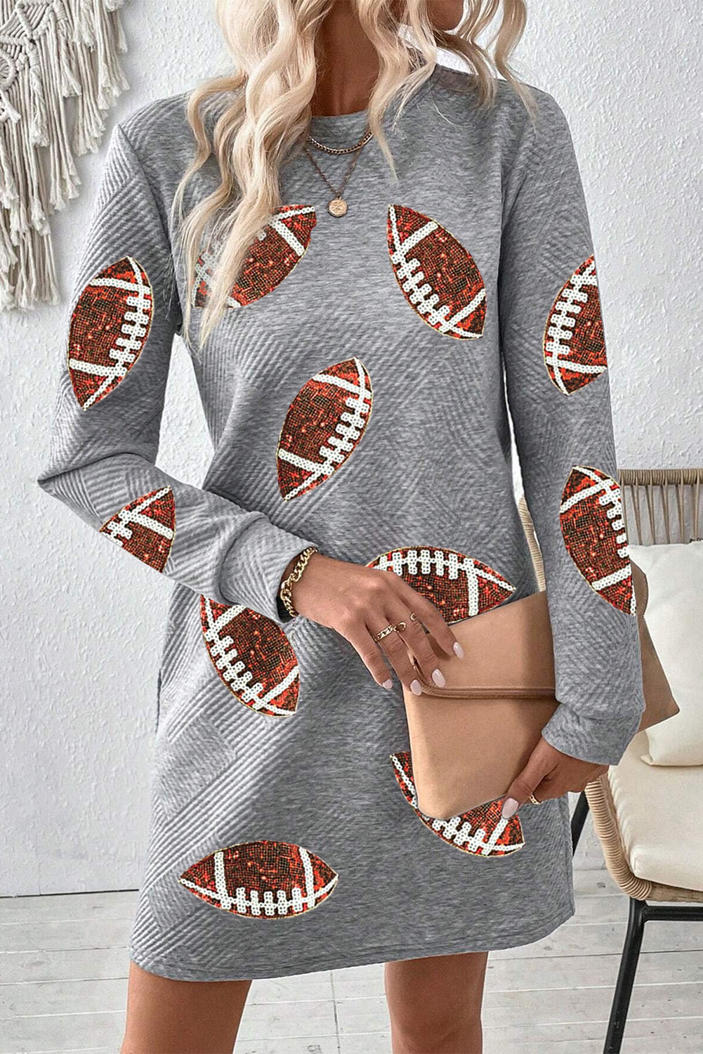 Casual Game Day Shift Dress, Textured Gray Sequin Mini Style - Detail View 5 Casual Game Day Shift Dress, Textured Gray Sequin Mini Style - Detail View 5