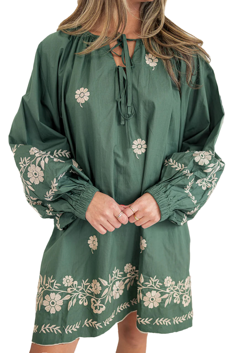 Women's Mist Green Boho Floral Pattern Puff Sleeve Shift Dress with Tie Neck - Detail View 13 Women's Mist Green Boho Floral Pattern Puff Sleeve Shift Dress with Tie Neck - Detail View 13