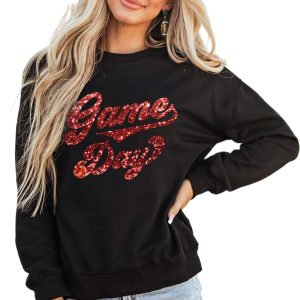 Women's Black Game Day Graphic Pullover Sweatshirt - Casual Comfort for Fall - Main View