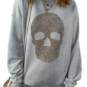 Women's Light Grey Rhinestone Skull Graphic Drop Shoulder Sweatshirt - Main View