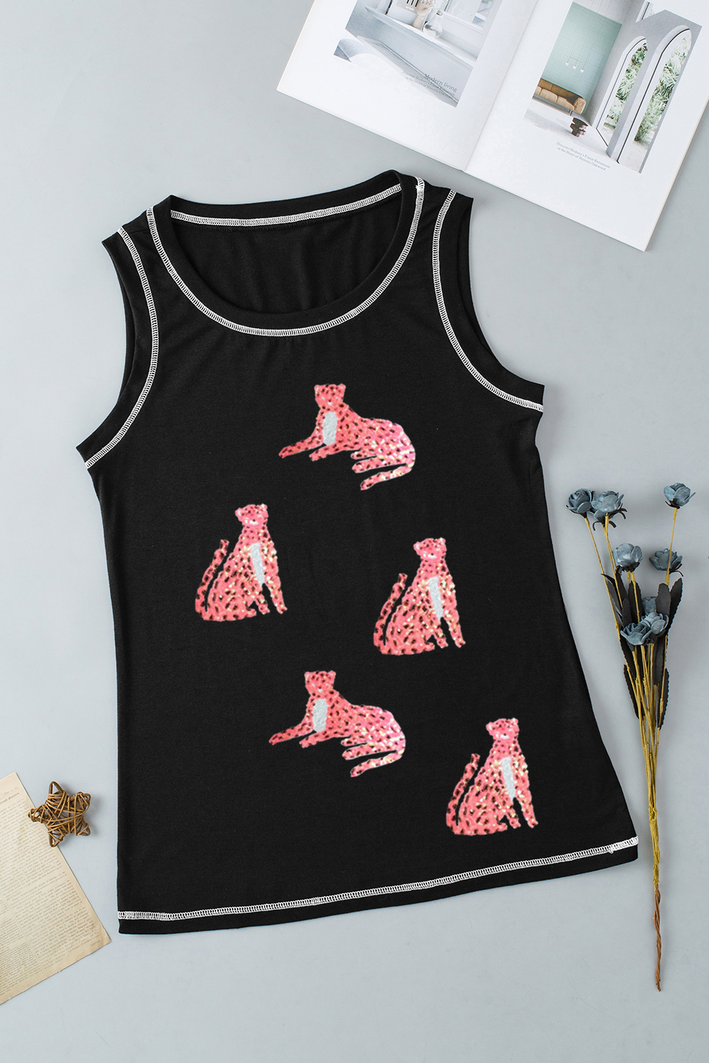 Bold and Glamorous Sleeveless Tank Top: Black Sequin Cheetah Pattern - Detail View 7 Bold and Glamorous Sleeveless Tank Top: Black Sequin Cheetah Pattern - Detail View 7
