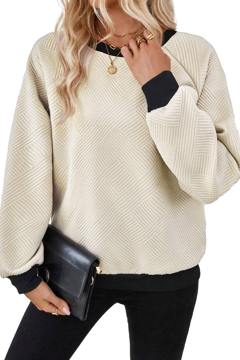 Stylish Long Sleeve Casual Top with Color Block Edges - Jet Stream - Detail View 2 Stylish Long Sleeve Casual Top with Color Block Edges - Jet Stream - Detail View 2