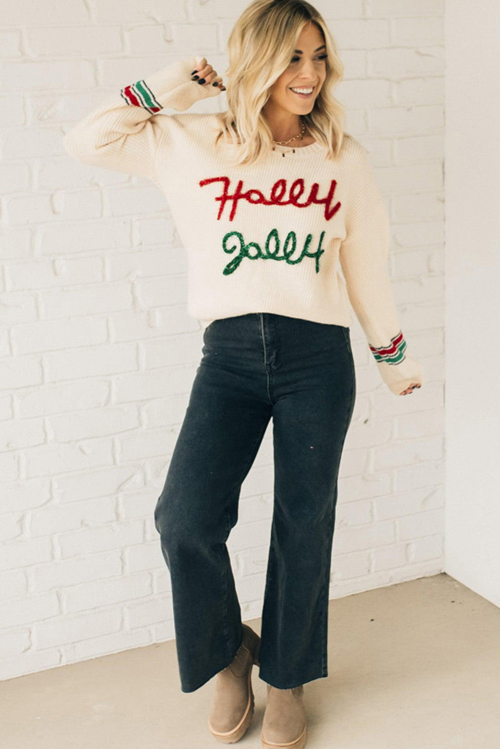 Cozy Rib Knit Beige Sweater for Women - Perfect for Holiday Celebrations - Detail View 7 Cozy Rib Knit Beige Sweater for Women - Perfect for Holiday Celebrations - Detail View 7