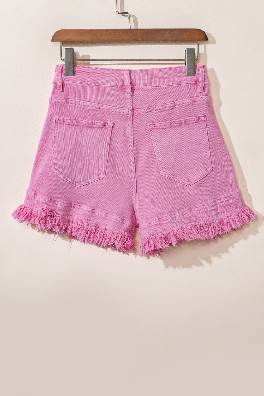 Pink Raw Hem Denim Shorts, Casual Mid Rise Summer Bottoms - Detail View 8 Pink Raw Hem Denim Shorts, Casual Mid Rise Summer Bottoms - Detail View 8