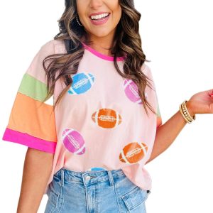Women's Pink Rugby Chenille Embroidered Color Block Half Sleeve T-Shirt - Main View