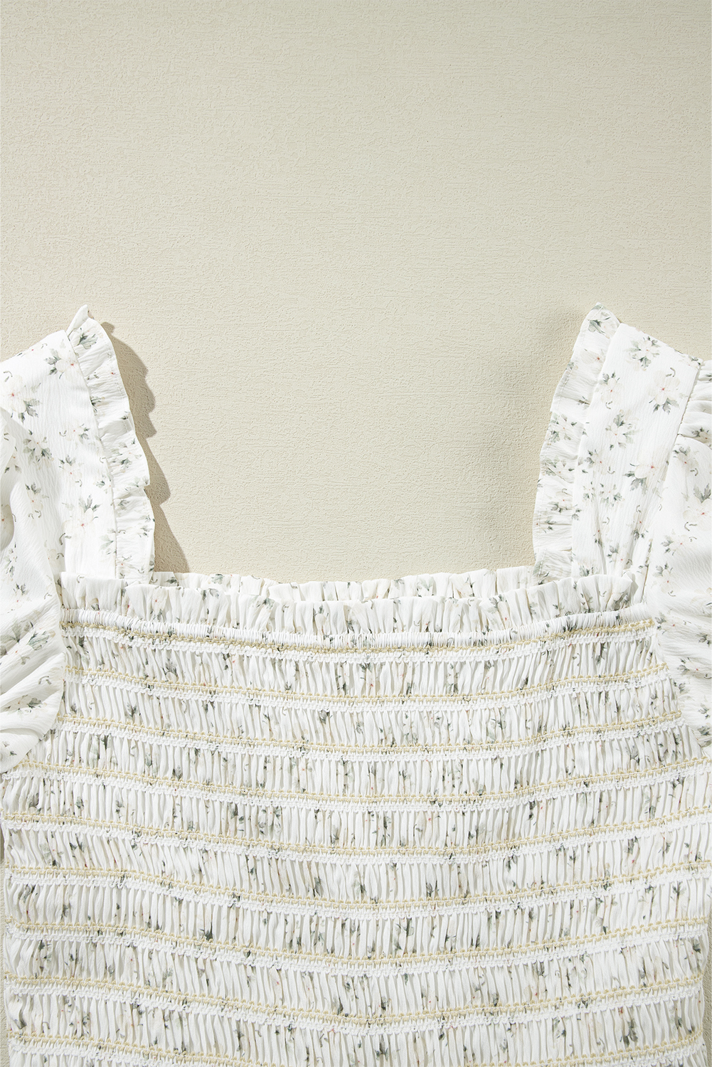 Charming Square Neck Jumpsuit with Smocked Bodice and Floral Pattern - Detail View 7 Charming Square Neck Jumpsuit with Smocked Bodice and Floral Pattern - Detail View 7