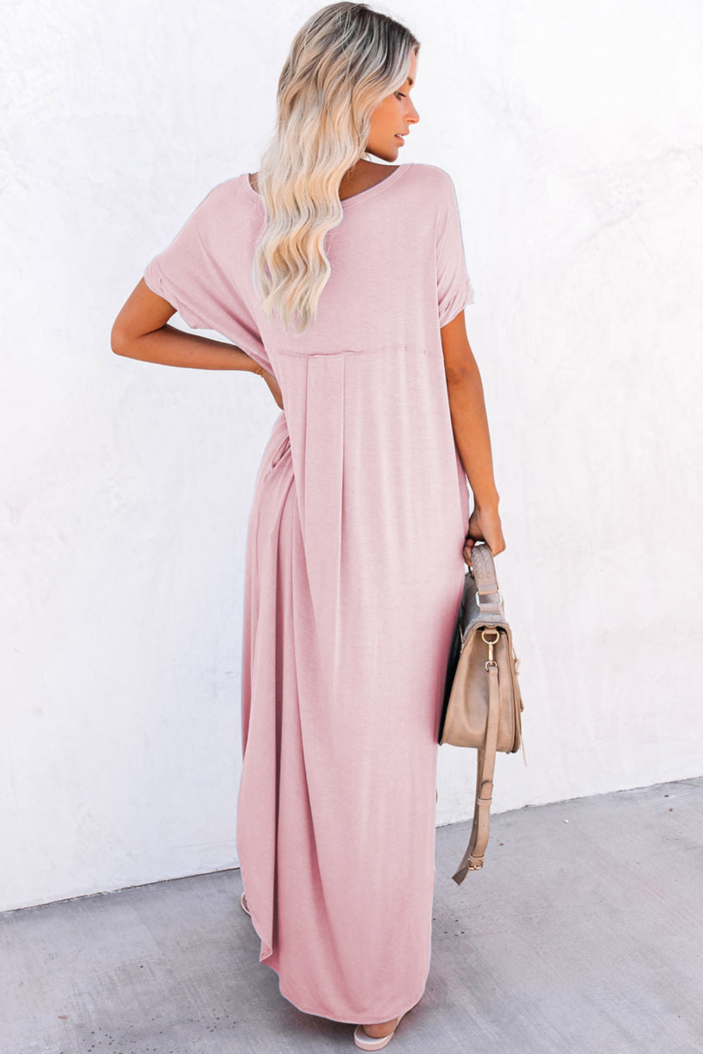 Casual Pink Maxi T-Shirt Dress, Relaxed V Neck With Pockets - Detail View 3 Casual Pink Maxi T-Shirt Dress, Relaxed V Neck With Pockets - Detail View 3