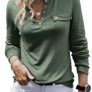 Women's Mist Green Henley, Long Sleeve Snap Button Top - Main View
