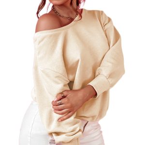 Women's Apricot Round Neck Sweatshirt with Elegant Bowknot Detail - Main View