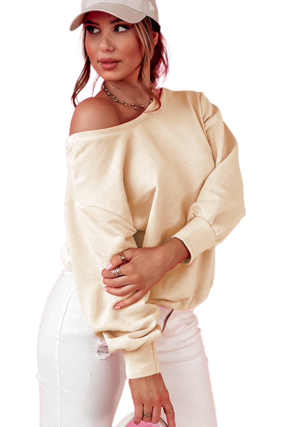 Women's Apricot Round Neck Sweatshirt with Elegant Bowknot Detail - Main View Women's Apricot Round Neck Sweatshirt with Elegant Bowknot Detail - Main View