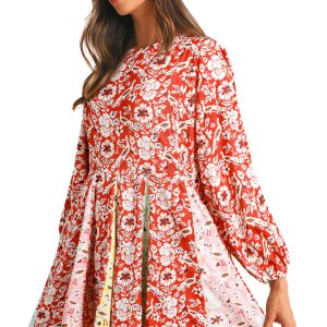 Women's Red Colorful Floral Patchwork Long Sleeve Pleated Mini Dress - Main View