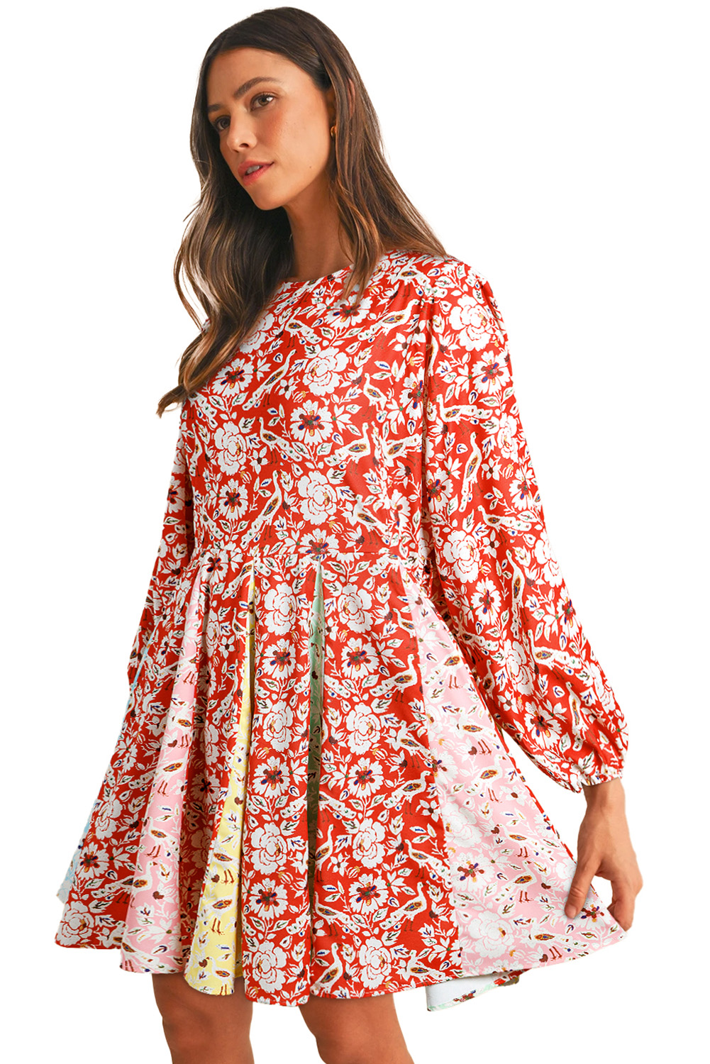 Women's Red Colorful Floral Patchwork Long Sleeve Pleated Mini Dress - Main View Women's Red Colorful Floral Patchwork Long Sleeve Pleated Mini Dress - Main View