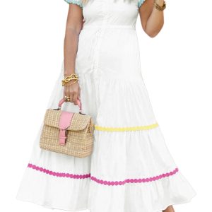 Women's White Colorblock Maxi Dress with Rickrack Trim - Main View