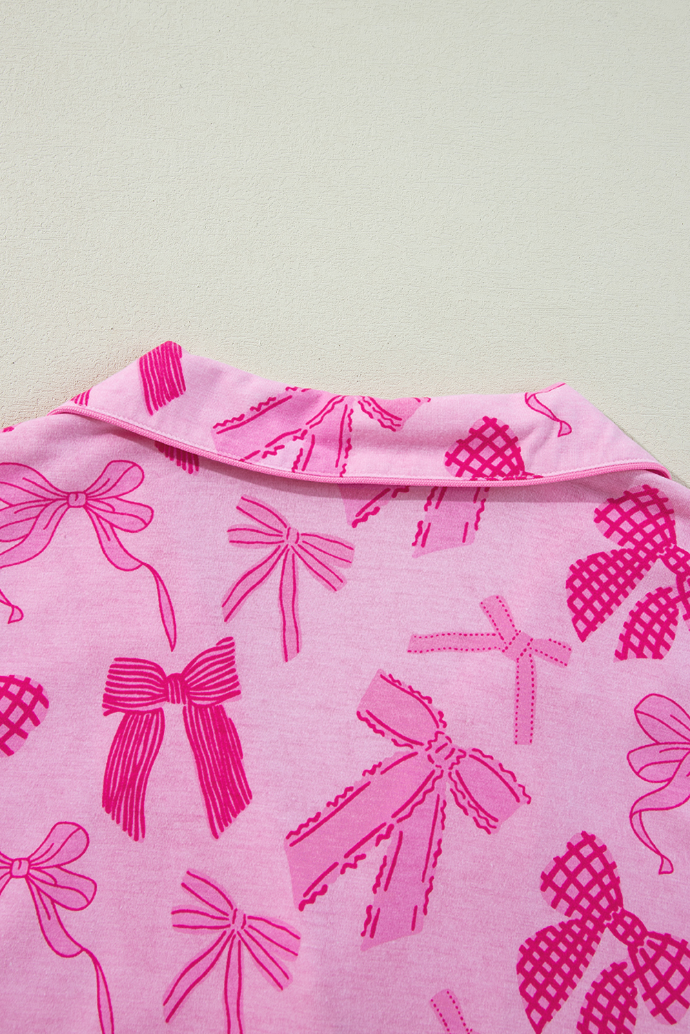Women's Pink Bow Print Half Sleeve Shirt and Shorts Pajamas Set - Detail View 17 Women's Pink Bow Print Half Sleeve Shirt and Shorts Pajamas Set - Detail View 17