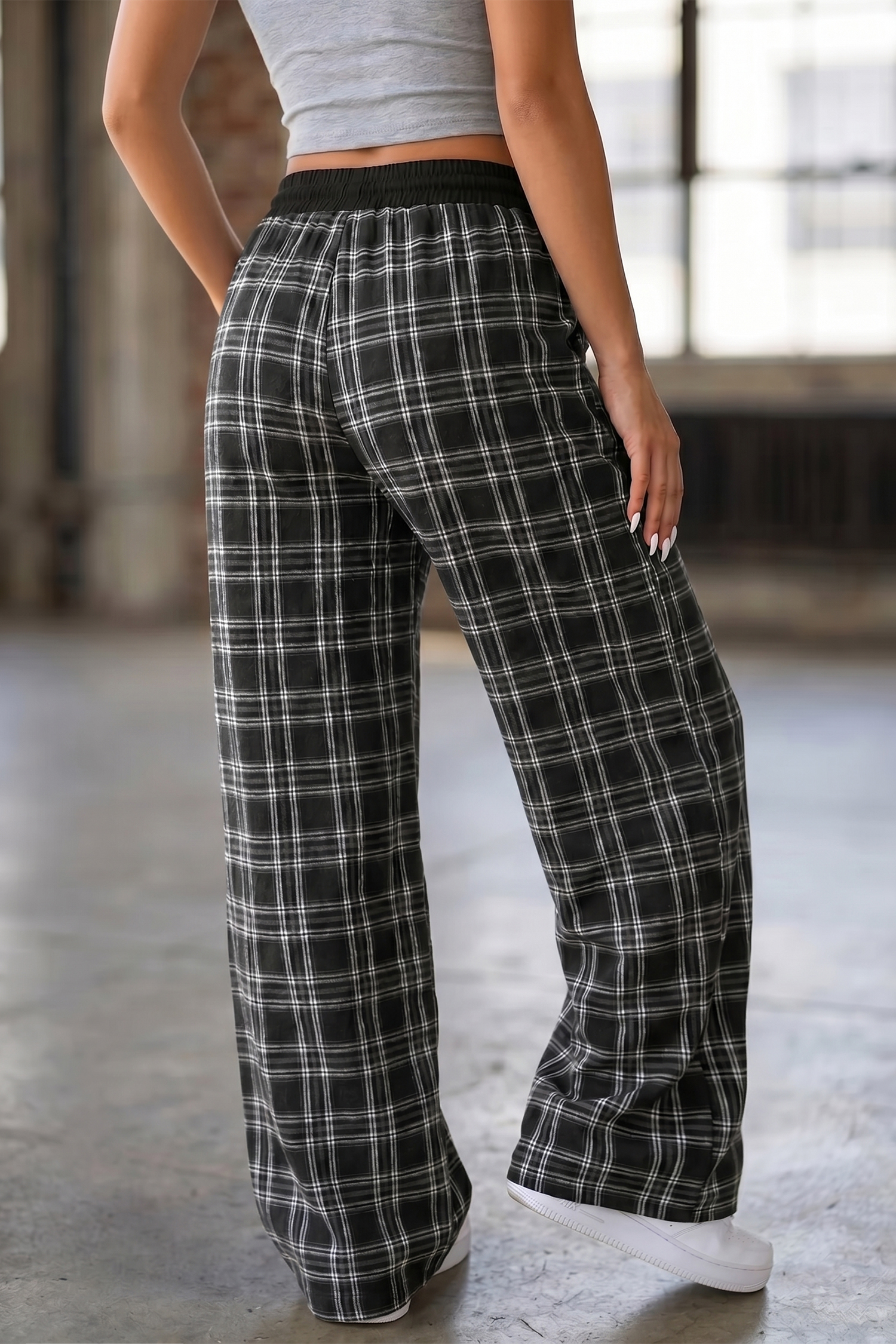 Women's Plaid Contrast Pants, High Waist Wide Leg - Detail View 2 Women's Plaid Contrast Pants, High Waist Wide Leg - Detail View 2