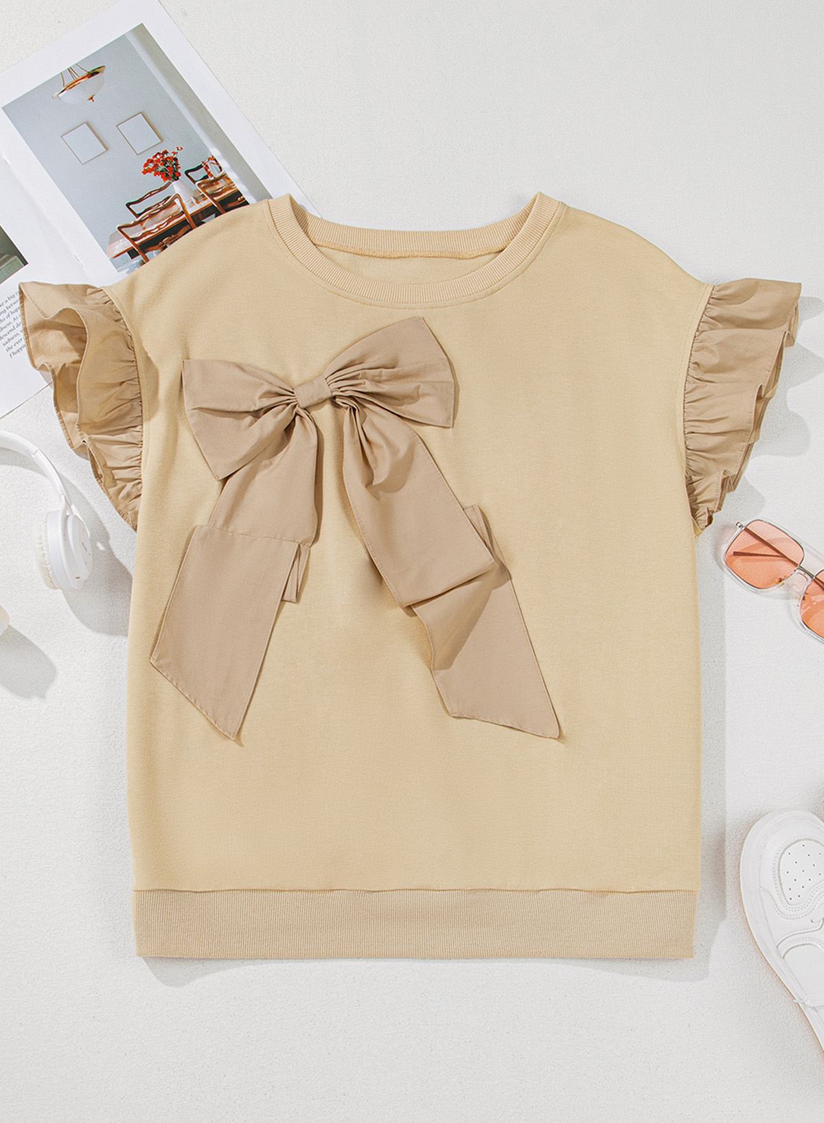 Women's Plus Size Top, Parchment Color, Ruffled Short Sleeve, Bowknot Applique, Casual Blouse, Round Neck, Comfortable Fabric, Daily Wear, Summer Fashion, Solid Color, Feminine Style, Shift Silhouette, Plus Size Blouses & Shirts, Versatile Tops, Neat Stitching - Detail View 4 Women's Plus Size Top, Parchment Color, Ruffled Short Sleeve, Bowknot Applique, Casual Blouse, Round Neck, Comfortable Fabric, Daily Wear, Summer Fashion, Solid Color, Feminine Style, Shift Silhouette, Plus Size Blouses & Shirts, Versatile Tops, Neat Stitching - Detail View 4
