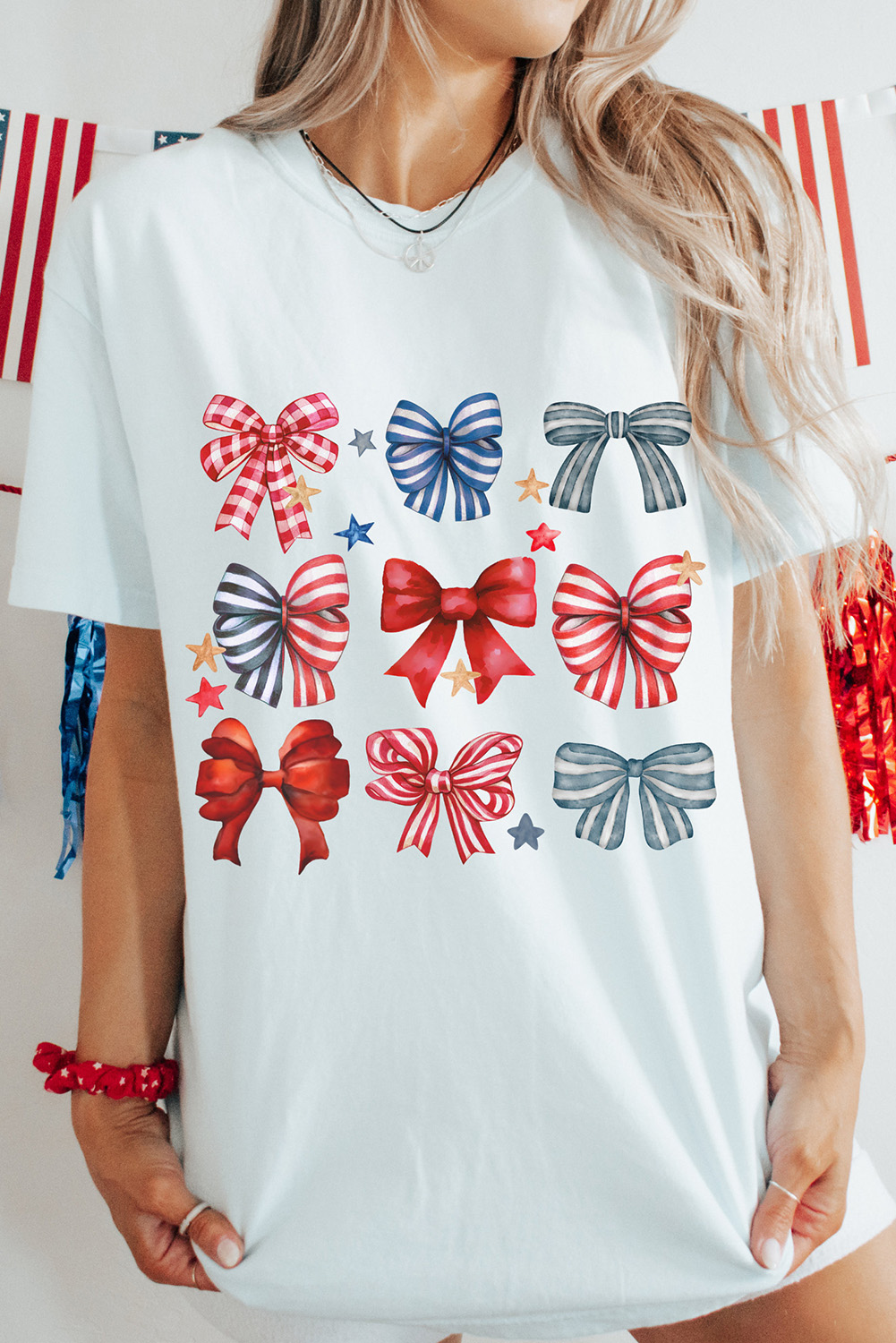 Women's Red White Blue Bow Shirt, Festive Stars Graphic Top - Detail View 2 Women's Red White Blue Bow Shirt, Festive Stars Graphic Top - Detail View 2